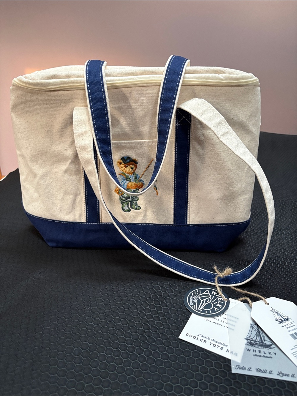 Cooler Tote Bag with Fishing Teddy Bear embroidery on front- brand new